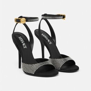 Versace Safety Pin Satin Crystal Embellished High Heels